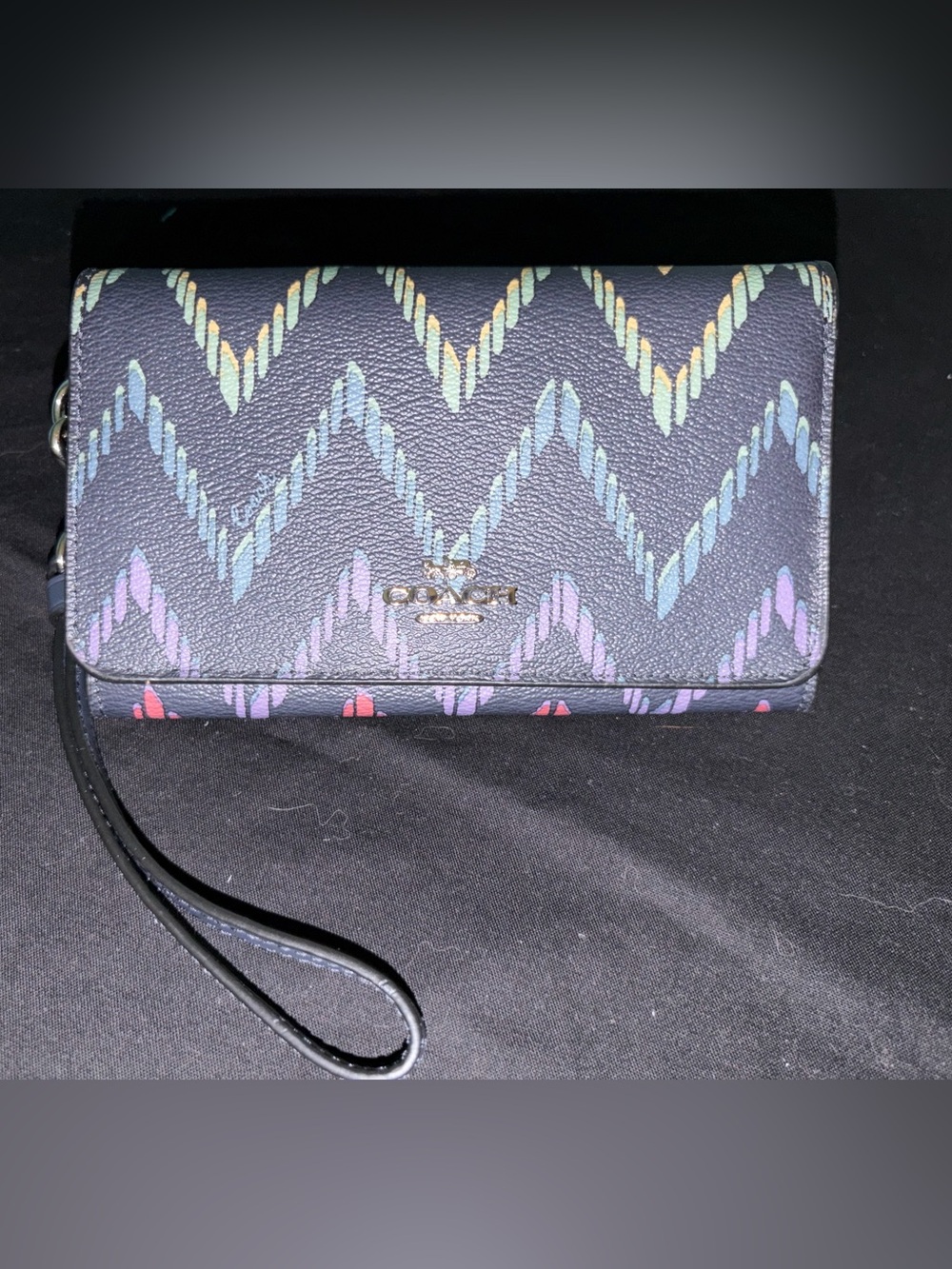 Coach Navy Wristlet with Rainbow Chevron Accents